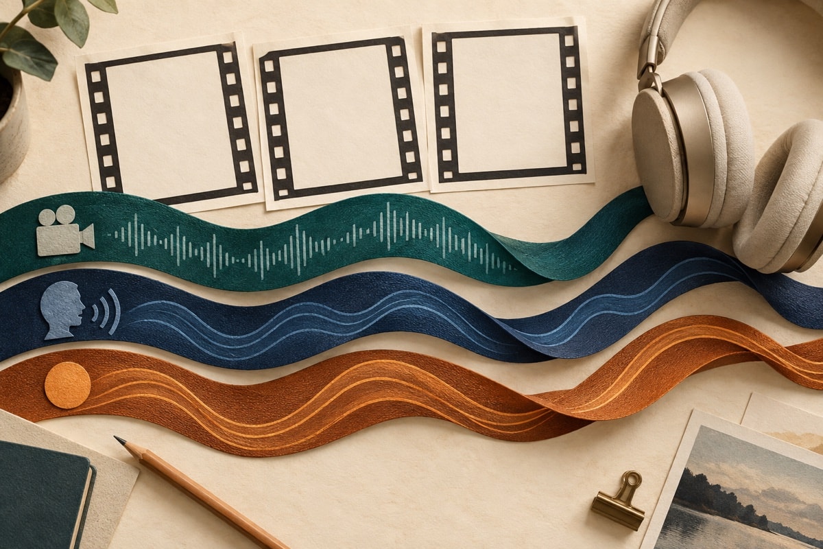 Layered audio ribbons representing camera sound, narration and music