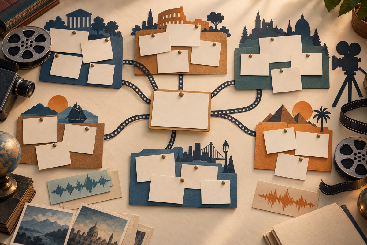 Grouped cards representing historical video editing board categories
